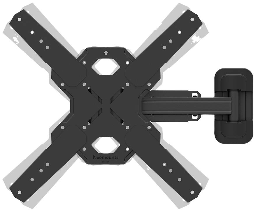 A black, adjustable TV wall mount with an X-shaped design and adaptable arms, mounted on a wall bracket.