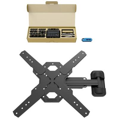 TV wall mount in black, along with installation accessories and instructions, displayed in an open box.
