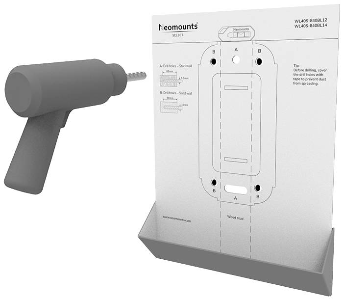 Drill and Drilling Template for Wall Mounting by Neomounts. Instructions for Drilling Holes in Wooden and Plasterboard Walls with Screw Fixation Tip.