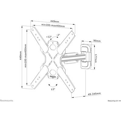 Multifunctional TV mount by Neomounts with adjustable arm. Dimensions: 449x449 mm. Tilt: ±12°, rotation: ±3°. Extendable from 49-345 mm.