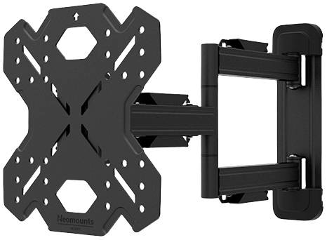 Black, adjustable metal TV wall mount with multiple fixing holes and articulating arm.
