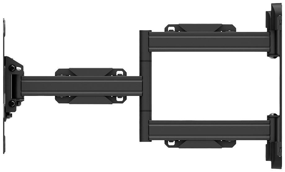 Swivel TV wall mount in black metal, suitable for large screens, showing extendable arms and mounting plate.