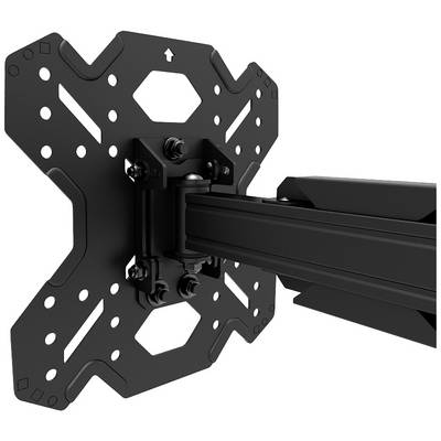 Black TV wall mount with adjustable arm, enables flexible positioning and stable support of a screen on the wall.