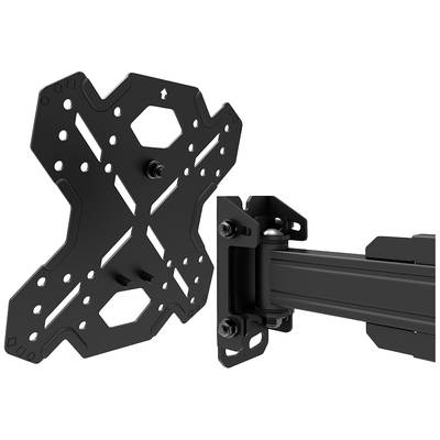Black TV wall mount with articulating arm and multi-pattern mounting holes, suitable for various screen types.
