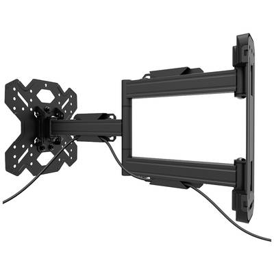 Black TV wall mount with adjustable arm and cables, suitable for flat-screen televisions.