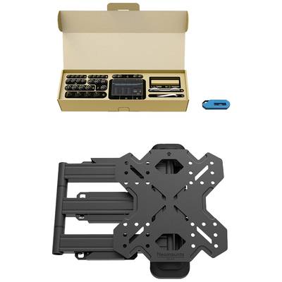 A mounting kit with screws, tools, and a black, adjustable bracket for monitors or televisions.