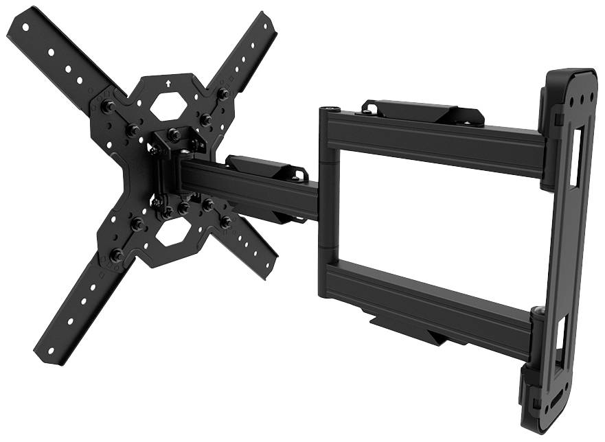 Wall mount for television, black, with adjustable arm for tilting and swivelling; suitable for various screen sizes.