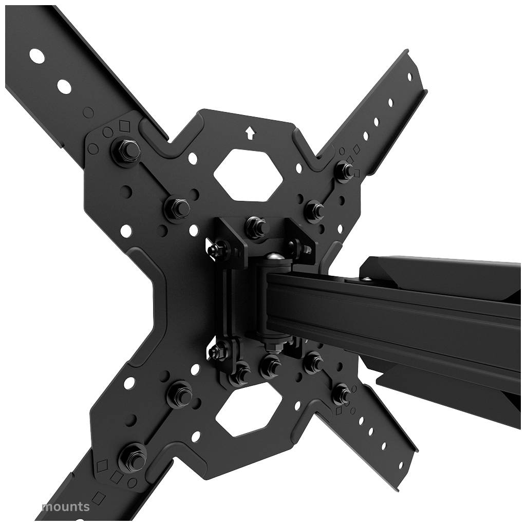A black TV wall mount with multiple joints and screws for flexible mounting and tilting of flat-screen televisions.