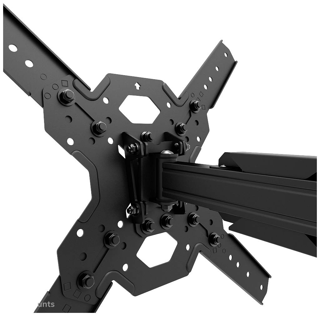 Wall mount for television sets in close-up, showing construction elements and screws. Adjustable arms for different screen sizes.
