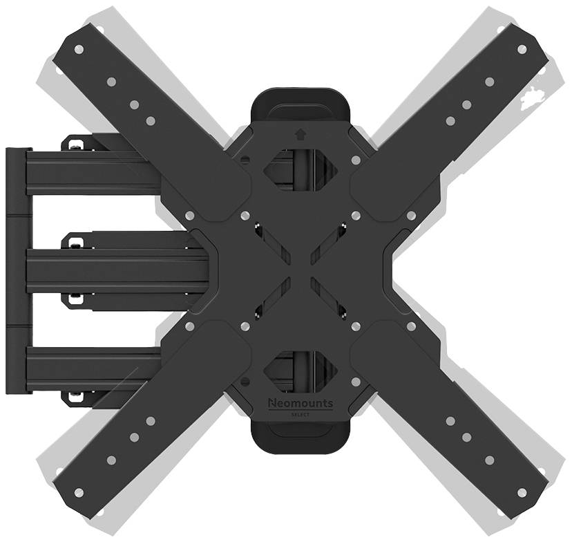 A black, adjustable TV wall mount in X-shape by Neomounts. It features four arms and a robust base, suitable for various screen sizes.