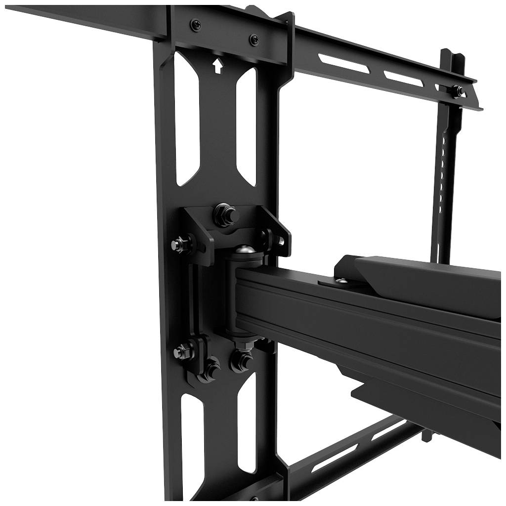 Black metal TV wall mount with adjustable arm and side-mounted screws.