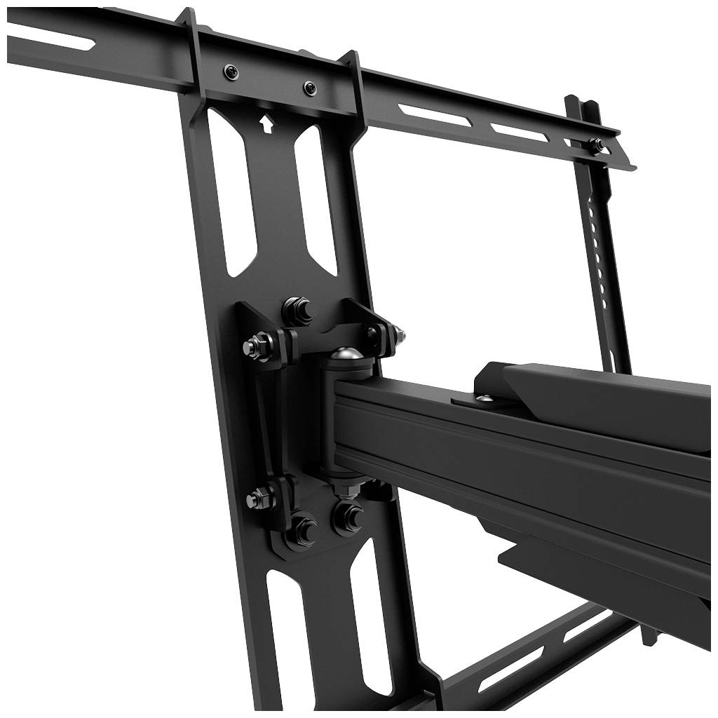 Wall mount for television, tiltable and pivoting, made of black metal, showing the articulated joint system and mounting rails.