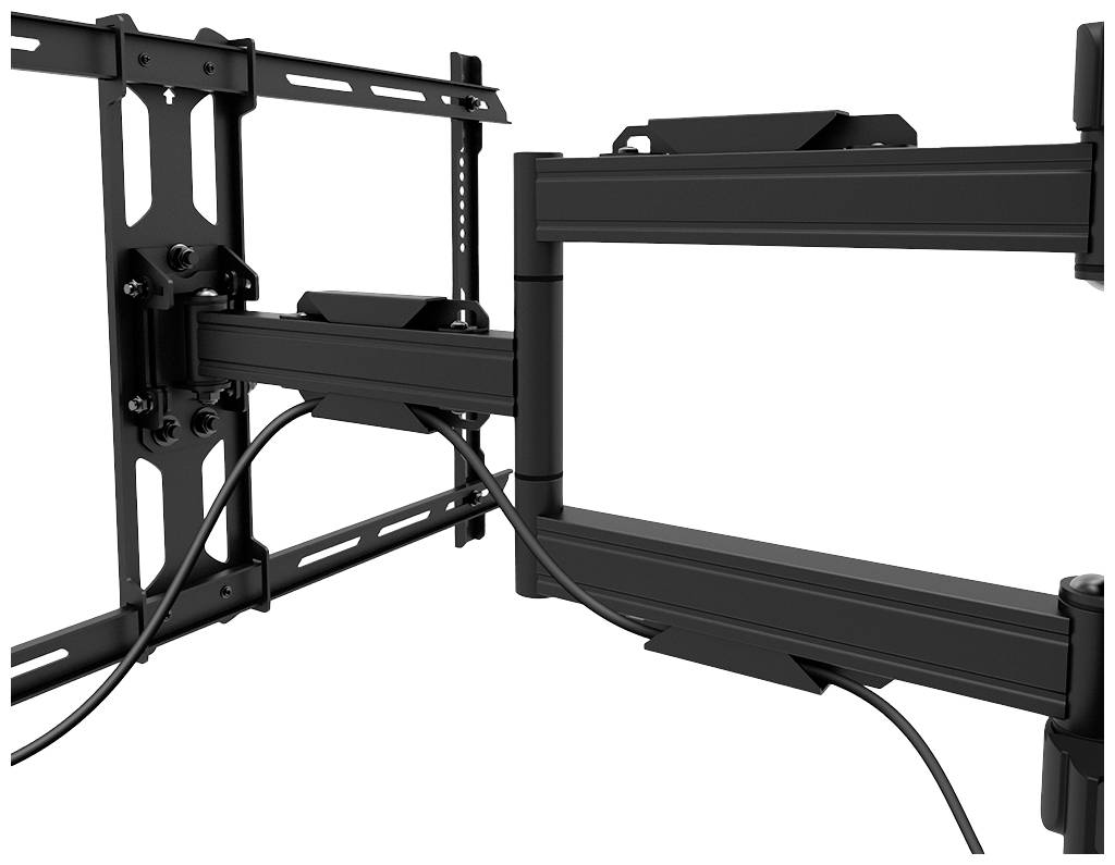 A black, pivoting TV wall mounting system with cables is shown, which can be mounted on a wall.