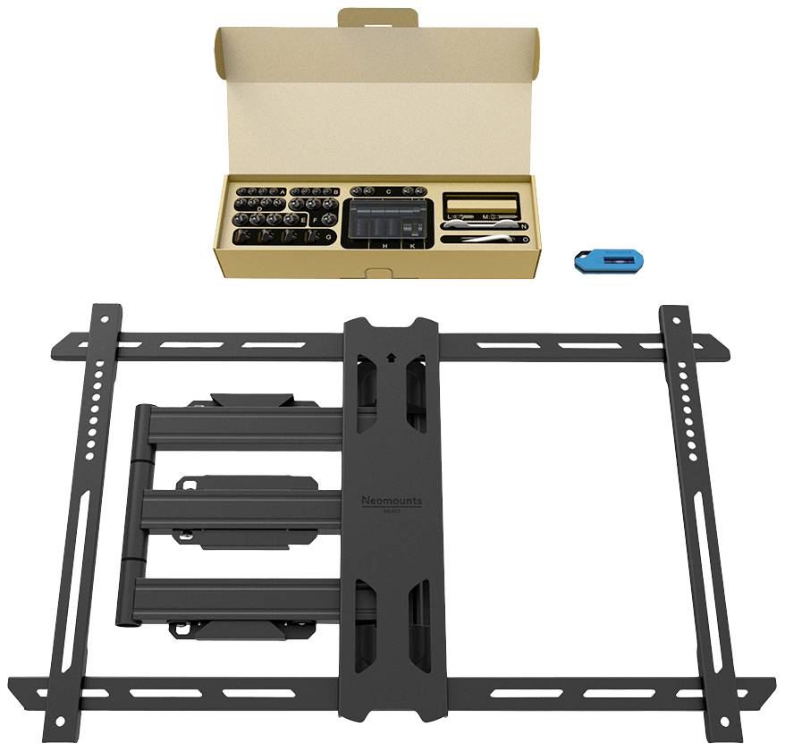 TV wall mount in black, including mounting set with screws and screwdriver, suitable for various TV sizes.