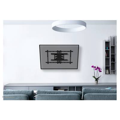 A flat television hangs on the wall in a modern living room. In the foreground is a grey sofa, with an orchid beside it.