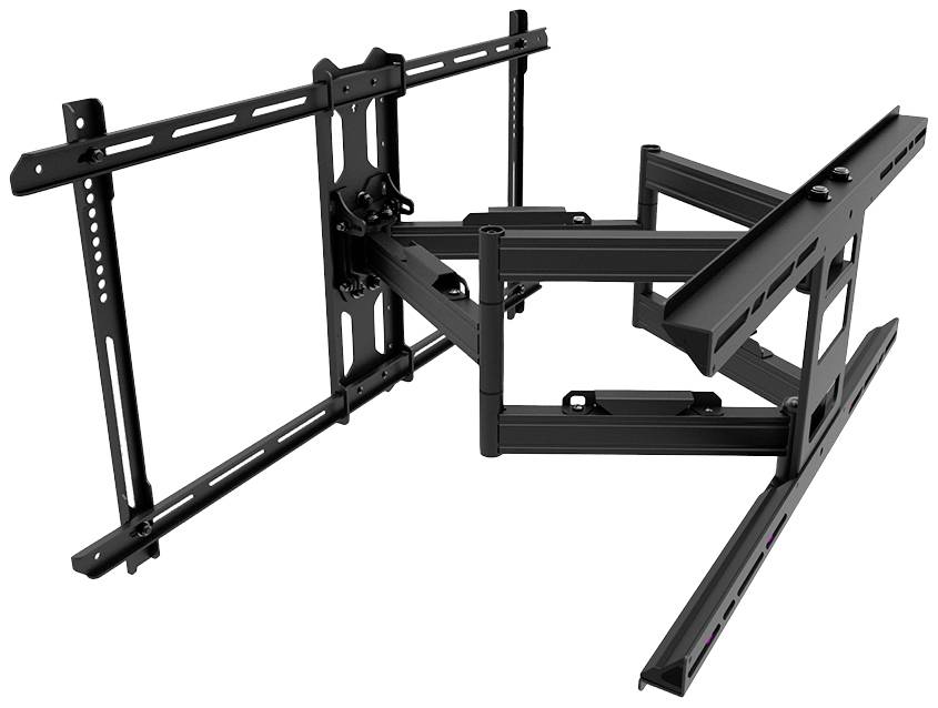 Black, adjustable TV wall mount with multiple arms and mounting points, suitable for large flat-screen televisions.