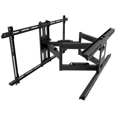 Black, adjustable TV wall mount with multiple arms and mounting points, suitable for large flat-screen televisions.