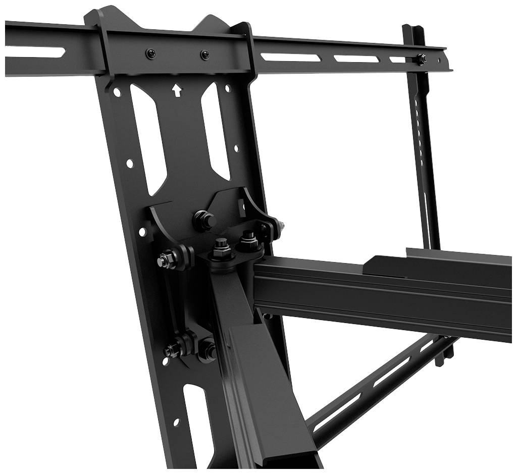 Metal mounting bracket for TV devices, showing robust construction with pivoting arms and screws for wall mounting.