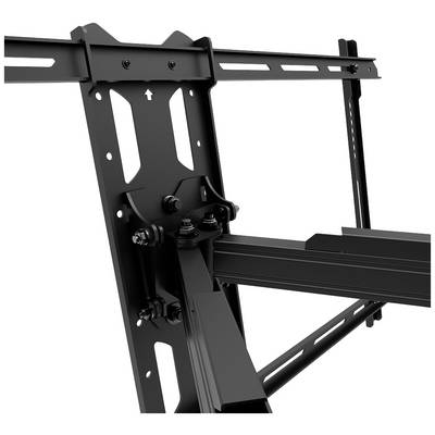 Metal mounting bracket for TV devices, showing robust construction with pivoting arms and screws for wall mounting.