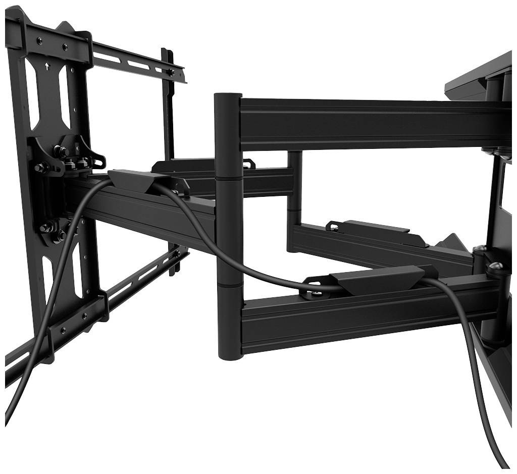 A black, adjustable TV wall mount with multiple joints and cable management, mounted on a wall.