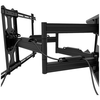A black, adjustable TV wall mount with multiple joints and cable management, mounted on a wall.