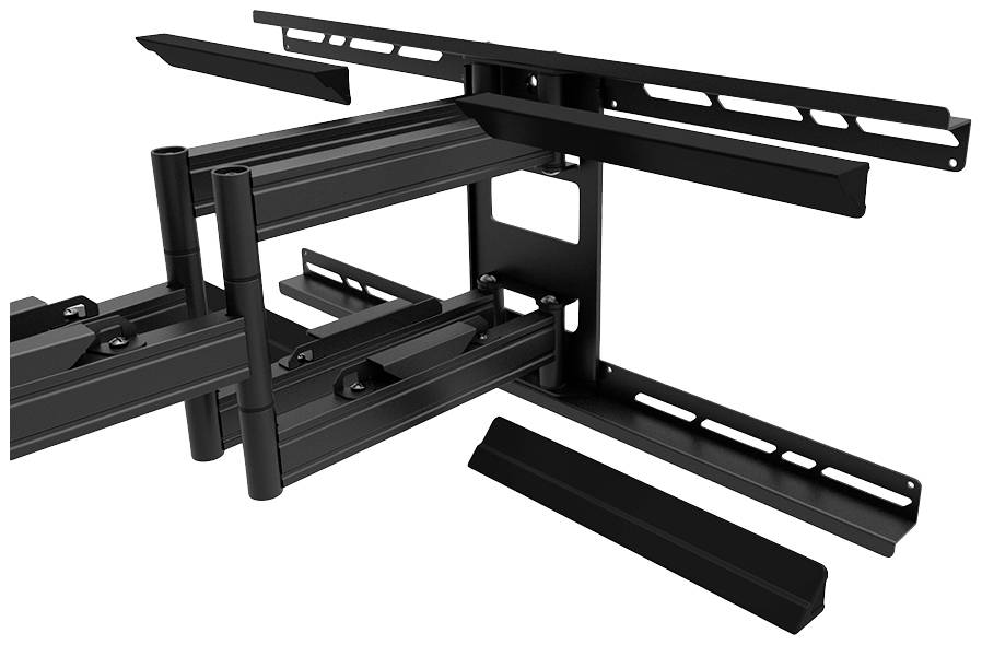 Swivel TV wall mount in black metal, featuring extendable arms and mounting holes, suitable for large televisions.