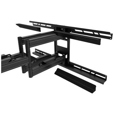 Swivel TV wall mount in black metal, featuring extendable arms and mounting holes, suitable for large televisions.
