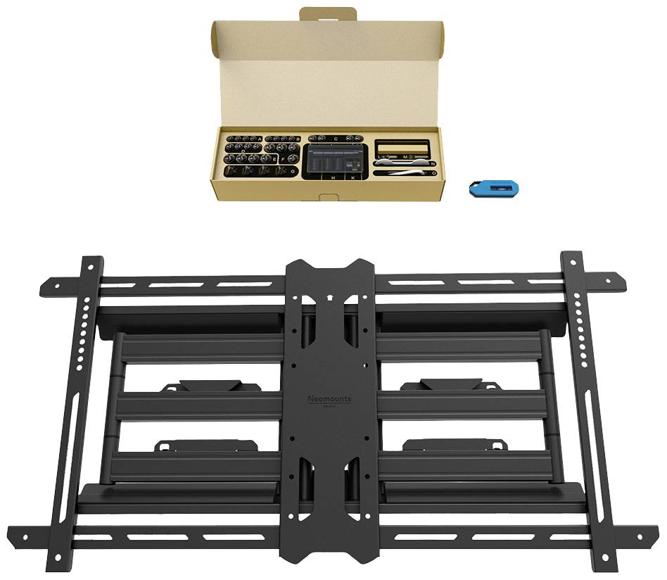 TV wall mount in individual parts: metal frame, screws, mounting accessories, cardboard box and a blue tool.
