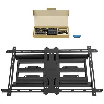 TV wall mount in individual parts: metal frame, screws, mounting accessories, cardboard box and a blue tool.