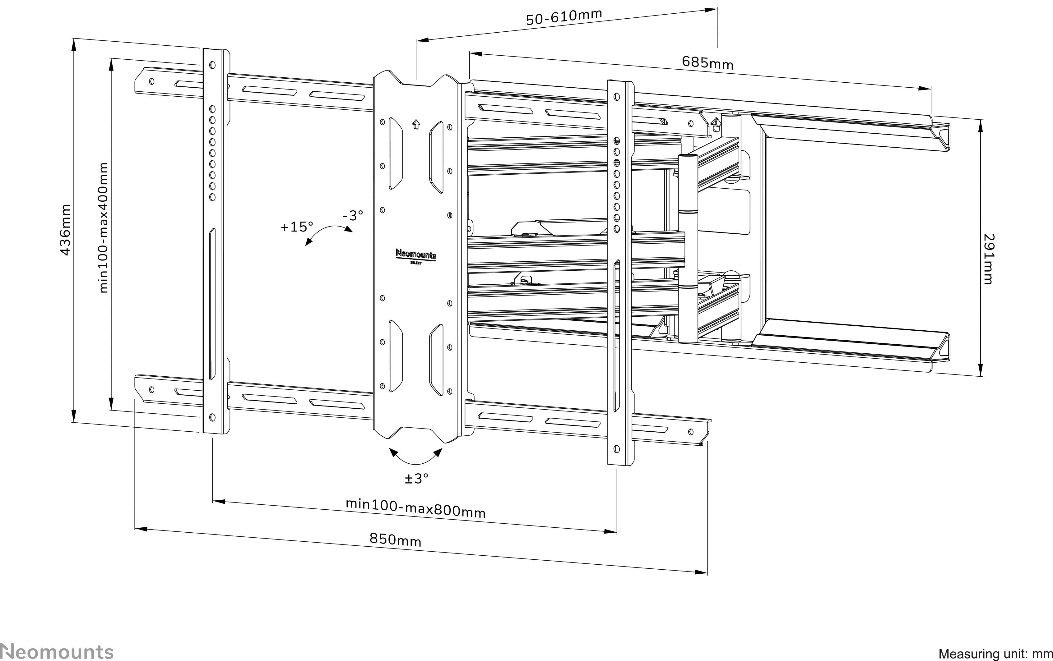 'Diagram of a TV wall mount. Shows dimensions: Width 685mm, Height 436mm, and Extension 50-610mm. Tilt angle ±15°.'