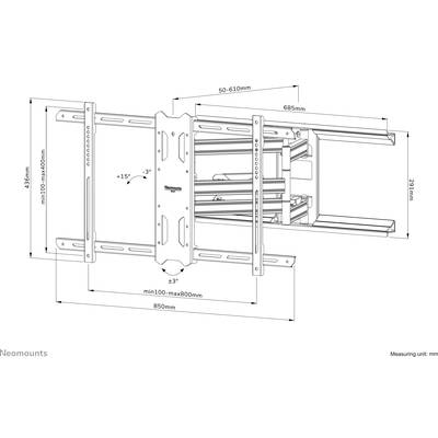 'Diagram of a TV wall mount. Shows dimensions: Width 685mm, Height 436mm, and Extension 50-610mm. Tilt angle ±15°.'
