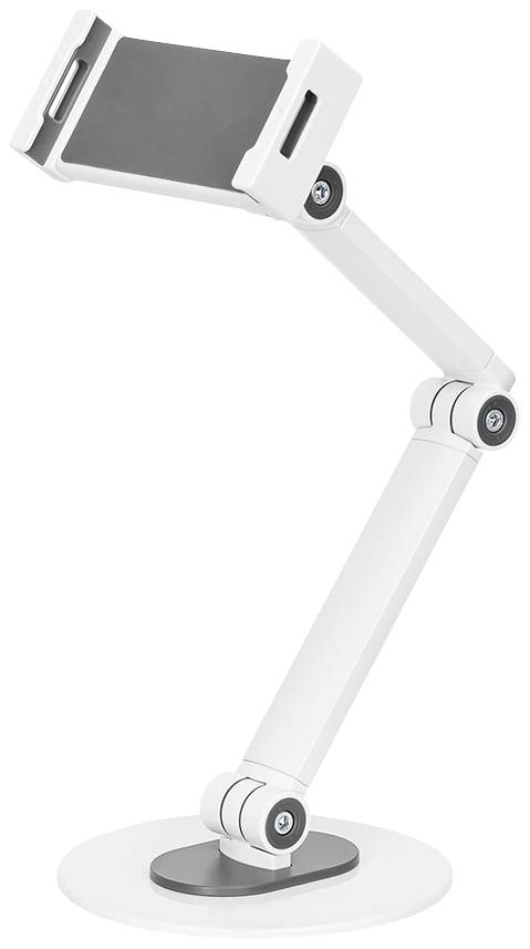 A white, adjustable tablet stand with a round base. The stand features multiple joints for flexible positioning.