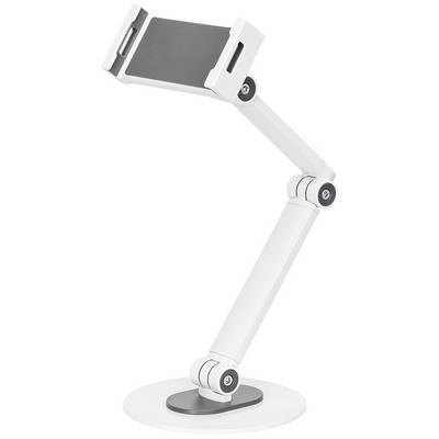 A white, adjustable tablet stand with a round base. The stand features multiple joints for flexible positioning.