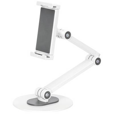 A white, adjustable tablet or smartphone desk holder with a stable base and joints for flexible device positioning.