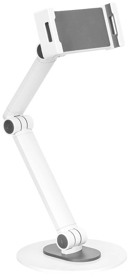 White, adjustable tablet holder with three joints and a round base, suitable for flexible use on tables and desks.