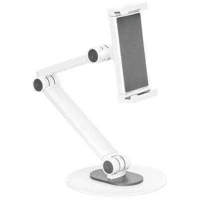 A white, adjustable tablet stand with a round base and flexible arm, suitable for adapting the tablet's position.