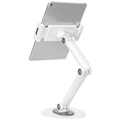 Tablet in an adjustable, white holder with an arm and base, providing flexible positioning and stability.