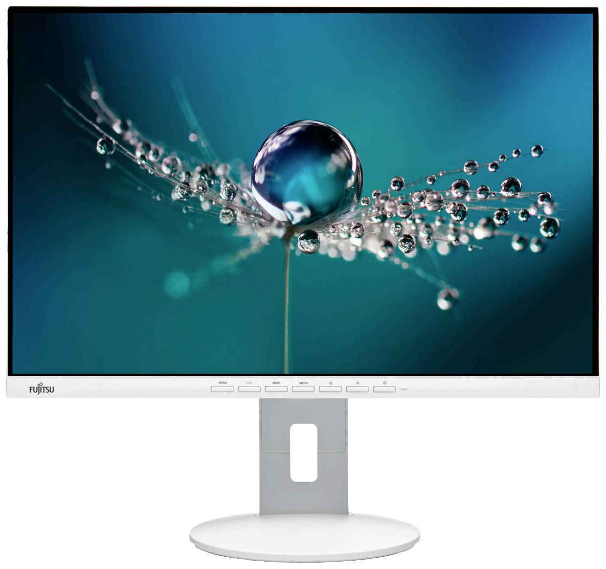 A computer monitor with an abstract background image depicting a central water droplet shape and smaller droplets.