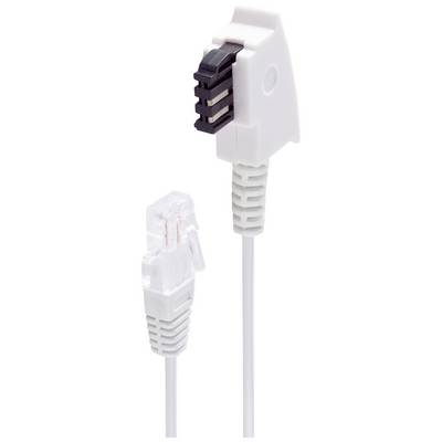 A white telephone cable with a TAE plug on one side and an RJ11 plug on the other side.