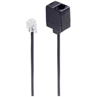 'Telephone splitter with RJ11 plug and socket' – Black device with two connections, for linking multiple telephone lines.