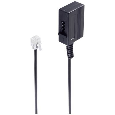 A black telephone adaptor cable with RJ11 plug and rectangular RJ11 socket. Suitable for telephone connections.