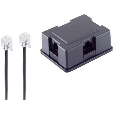 Black network adapter with two RJ11 ports and two black cables with RJ11 plugs.
