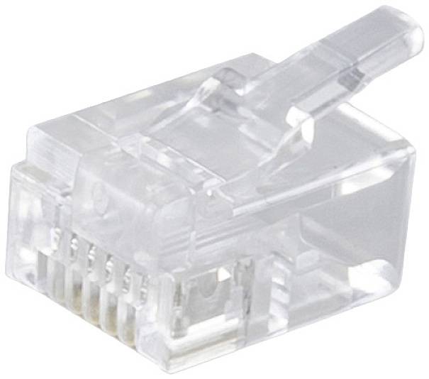 A transparent RJ45 connector, used for connecting Ethernet cables for network connections.