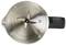A top-down view of an empty mixer container with sharp stainless steel blades and a black handle.