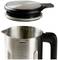 A stainless steel jug with a black handle and lid, showing a measuring scale up to 1.2 litres. Lid is placed beside it to reveal the open interior.