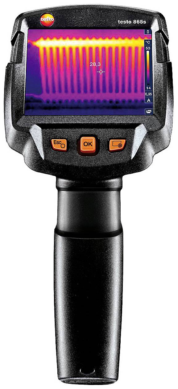 Thermal imaging camera displays the temperature distribution of a radiator on the screen. Temperature is 28.3 degrees Celsius.