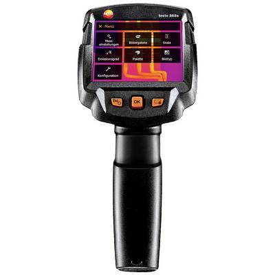 Thermal imaging camera with screen display showing temperature distribution and menu options such as 'Palette' and 'Image Type'.