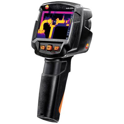 Handheld thermal imaging camera with a screen displaying pipes in different colour tones for temperature visualisation.