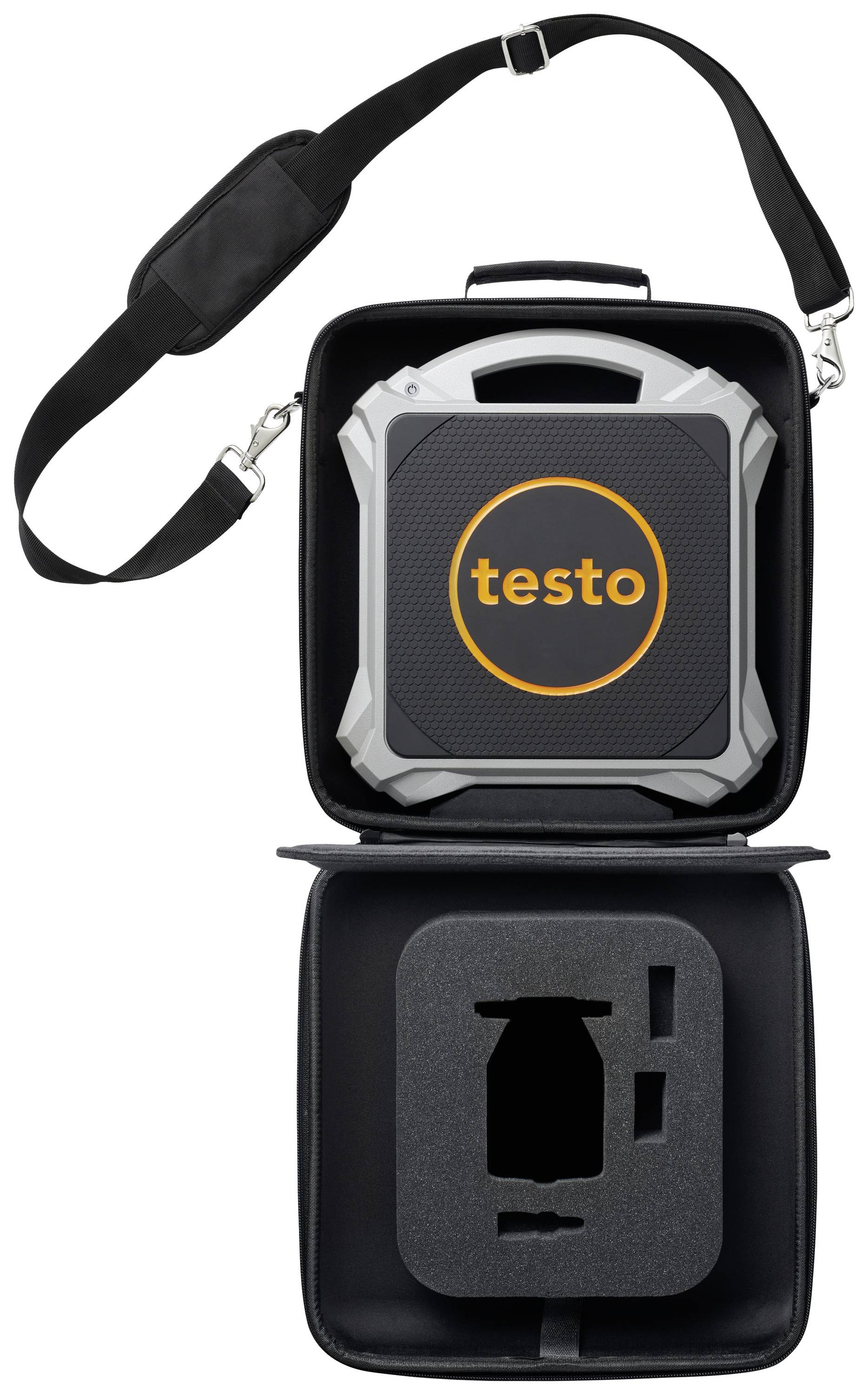 Shoulder bag with strap, open, revealing a robust measuring device by the brand 'testo' inside. Cut-out foam insert.