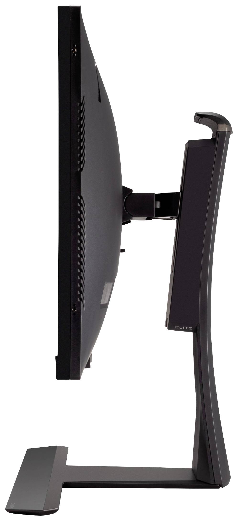 Side view of a sleek, black computer monitor on a rectangular stand.